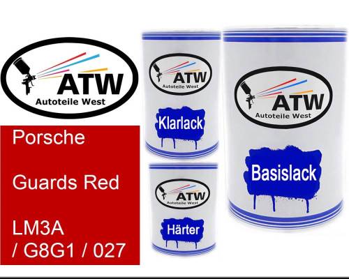Porsche, Guards Red, LM3A / G8G1 / 027: 500ml Lackdose + 500ml Klarlack + 250ml Härter - Set, von ATW Autoteile West.